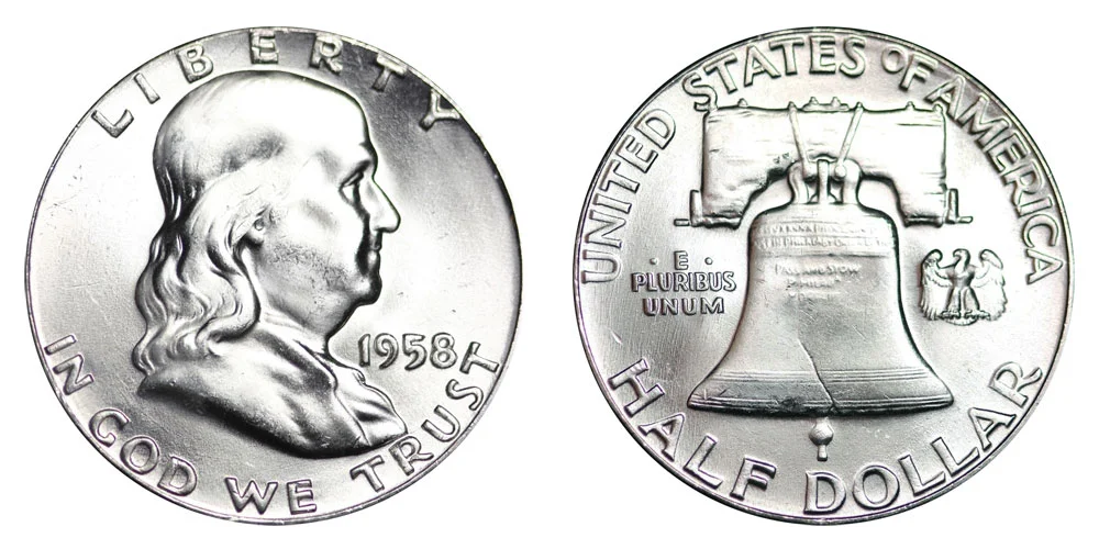 1958 Franklin half dollar obverse showing Benjamin Franklin portrait and reverse showing Liberty Bell