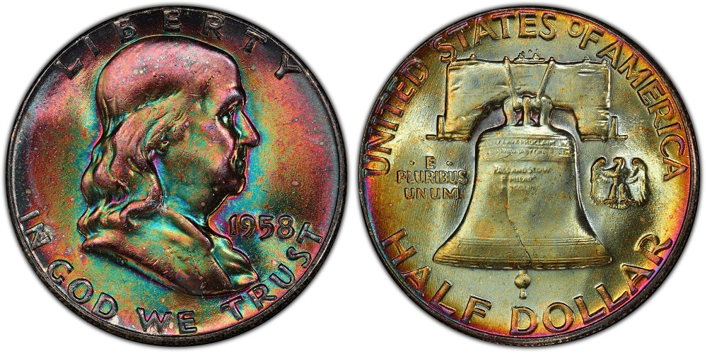 1958 Franklin half dollar reverse comparison: left shows incomplete bell lines, right shows Full Bell Lines (FBL) designation-quality strike