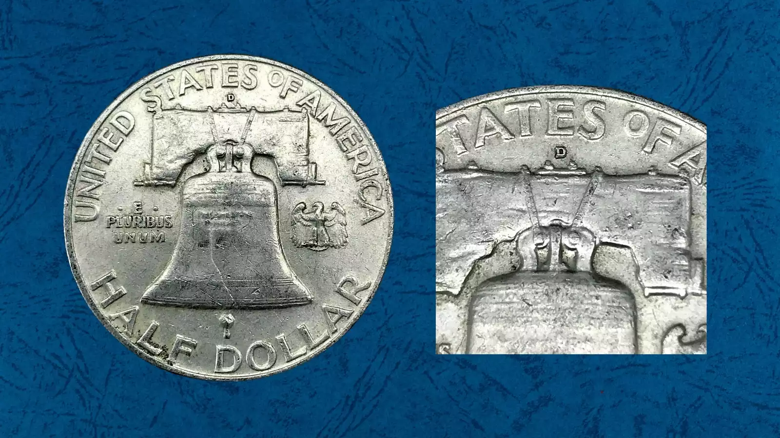 1958-D Franklin half dollar Repunched Mintmark (RPM) showing secondary offset D impression beneath the primary D mint mark