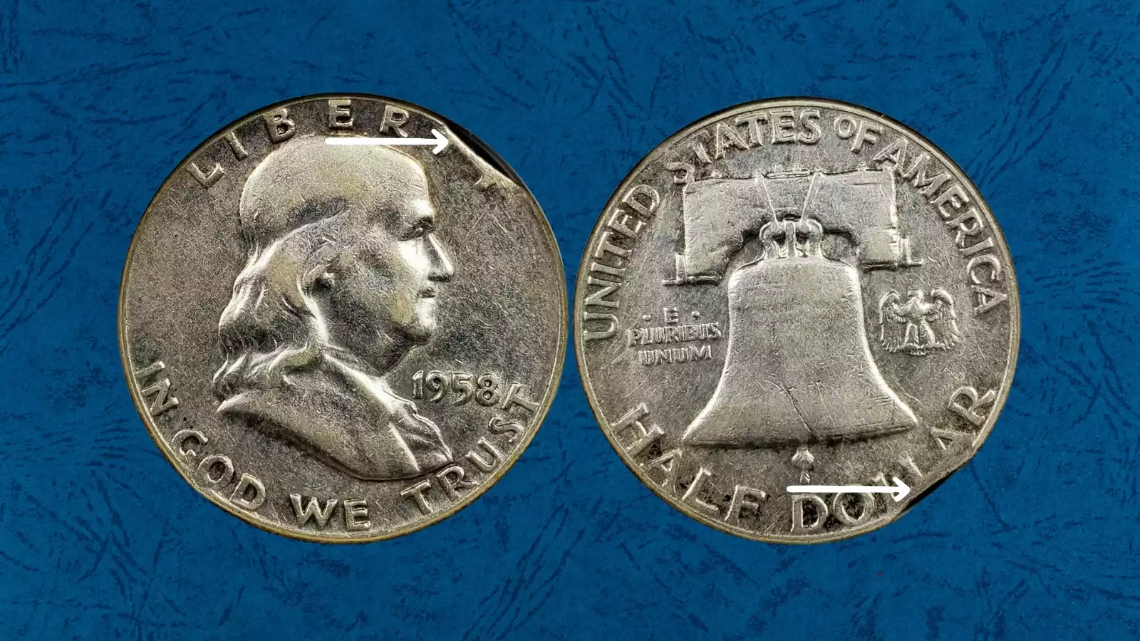 1958 Franklin half dollar off-center strike or clipped planchet error showing design shifted with blank unstruck area