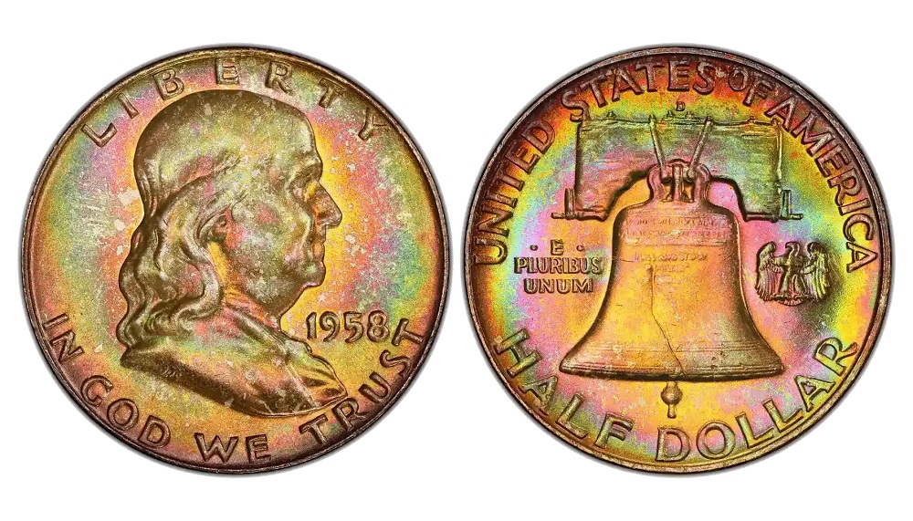 1958 Franklin half dollar grading strip showing four condition tiers: worn, circulated, uncirculated, and gem mint state